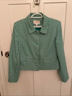 etcetera Green Gingham Button-Front Cropped Blazer with Pockets